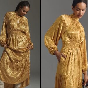 Anthropologie Mustard-Gold Satin Tiered Maxi Dress